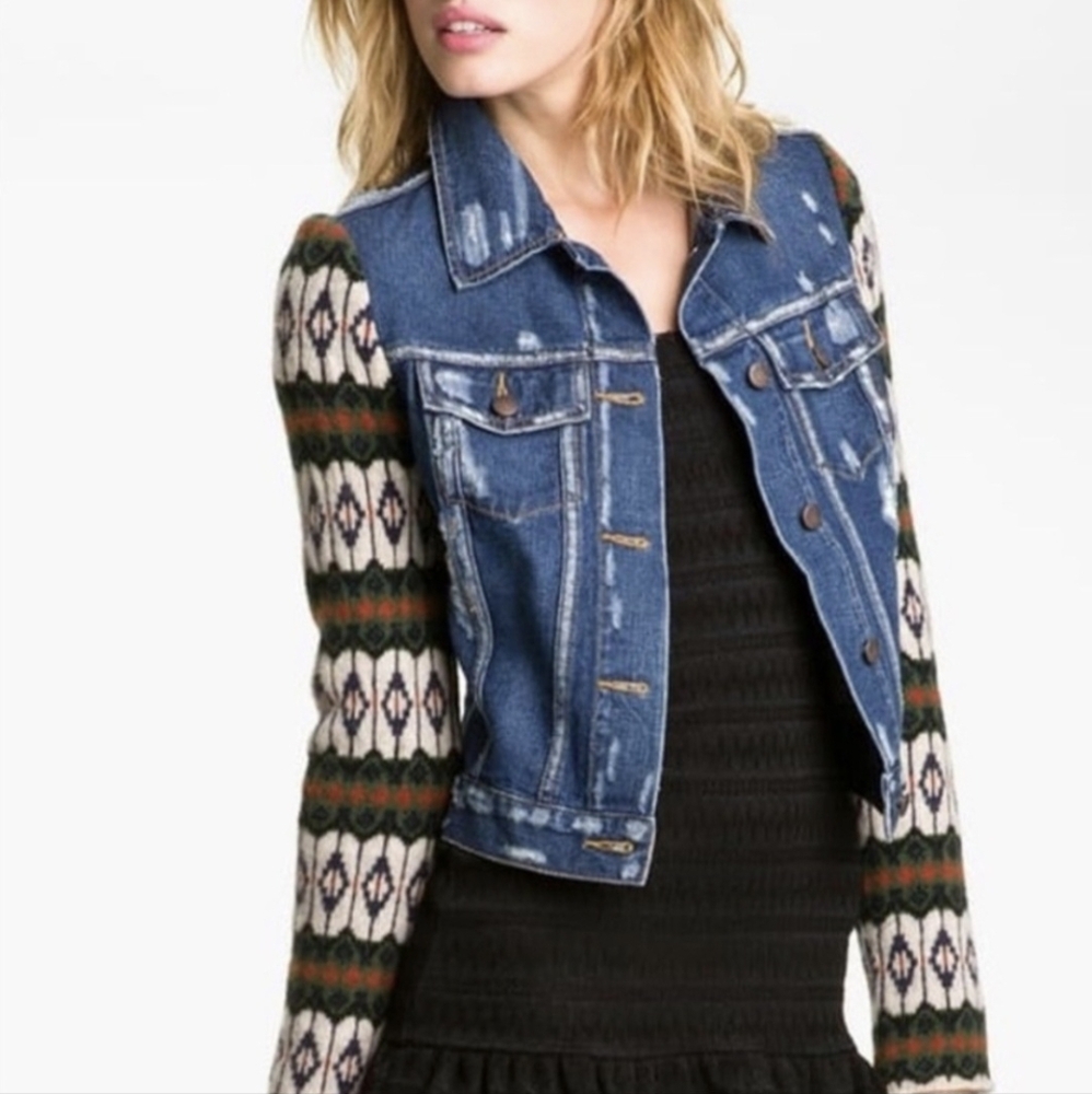 Free People Denim Jacket Cypress Aztec Wool Long Sleeve Distressed BOHO Size M - Picture 5 of 16